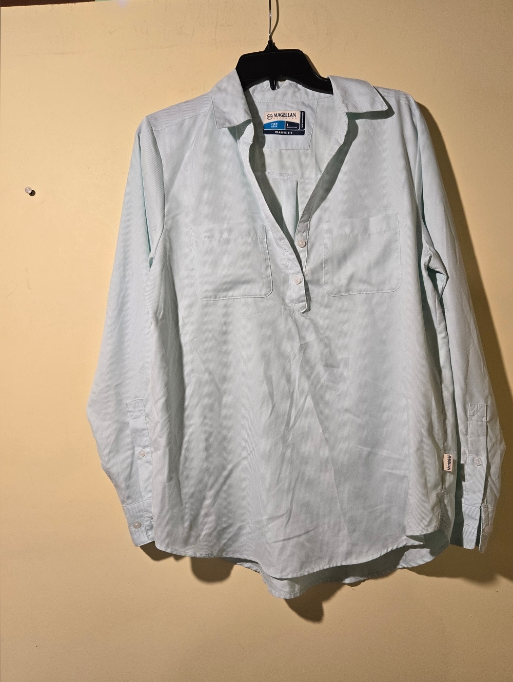 Magellan Outdoors Women's Green And Whote Pin Stripe Popover Shirt